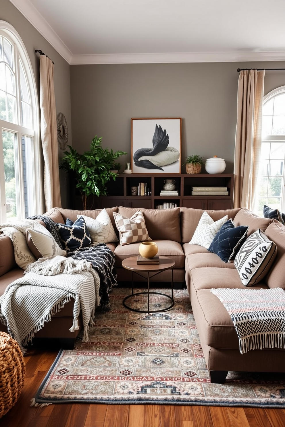 A spacious family room adorned with vintage decor pieces that exude charm. The room features a large, comfortable sectional sofa in a muted fabric, surrounded by an eclectic mix of antique coffee tables and vintage armchairs. The walls are painted in a warm cream color, creating a cozy atmosphere. A gallery wall showcases an array of vintage prints and family photos, while a large area rug anchors the seating area.