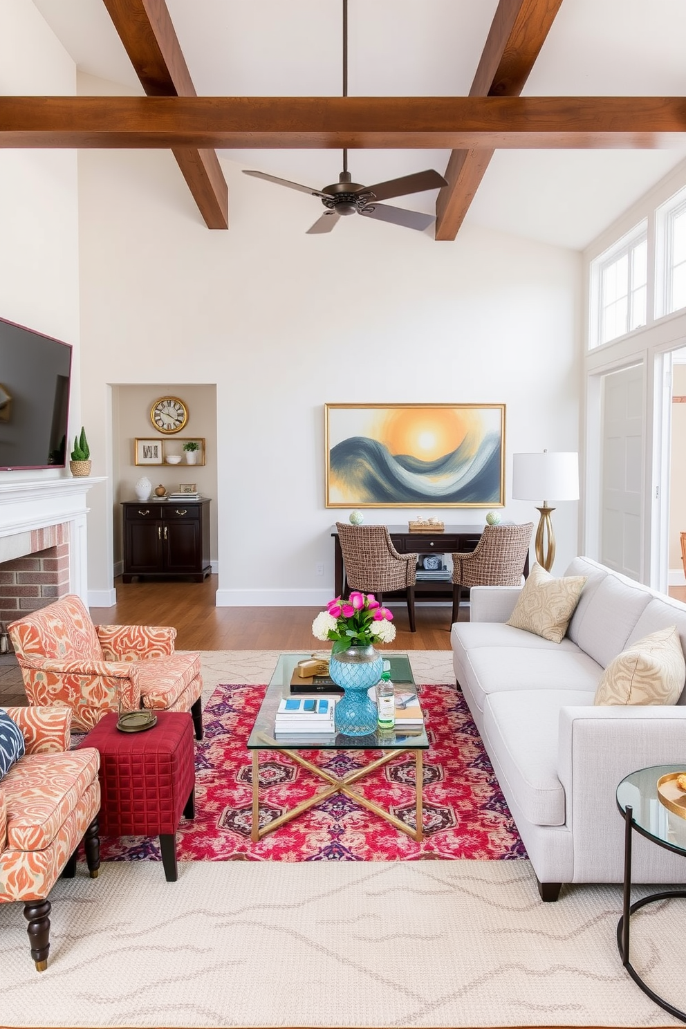 Choose lightweight furniture for easy rearranging in a spacious family room. Incorporate a large sectional sofa in a light fabric, paired with a glass coffee table and colorful accent chairs to create a vibrant and inviting atmosphere.