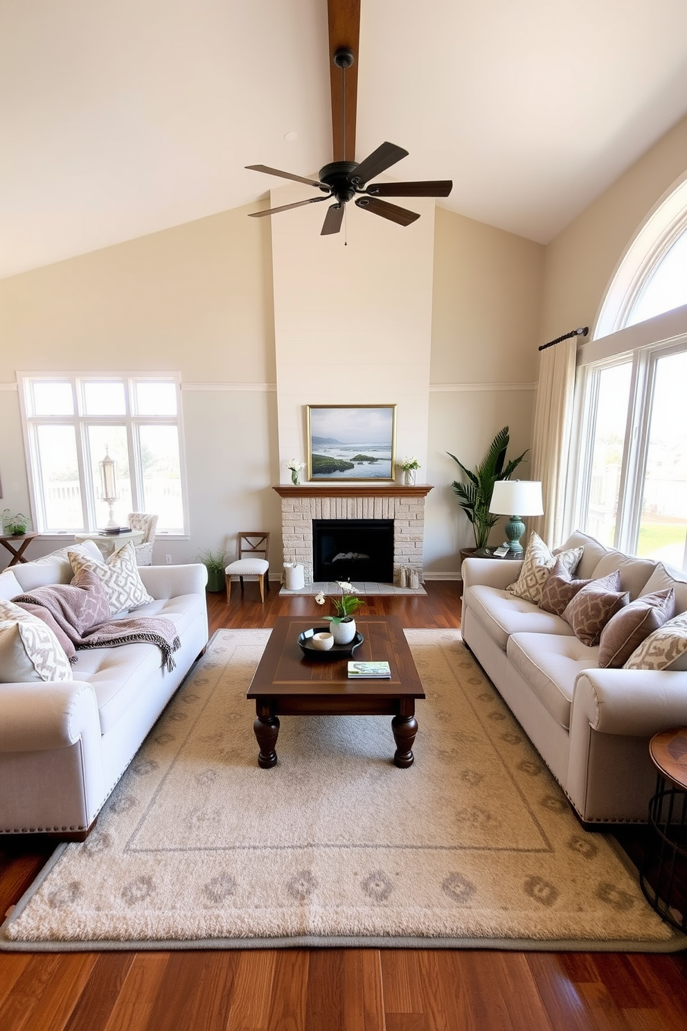 A spacious family room designed for comfort and relaxation. The walls are painted in soft pastel shades, complemented by plush beige sofas and oversized cushions. A large area rug anchors the seating area, while a wooden coffee table adds warmth. Floor-to-ceiling windows allow natural light to flood the space, creating an inviting atmosphere.