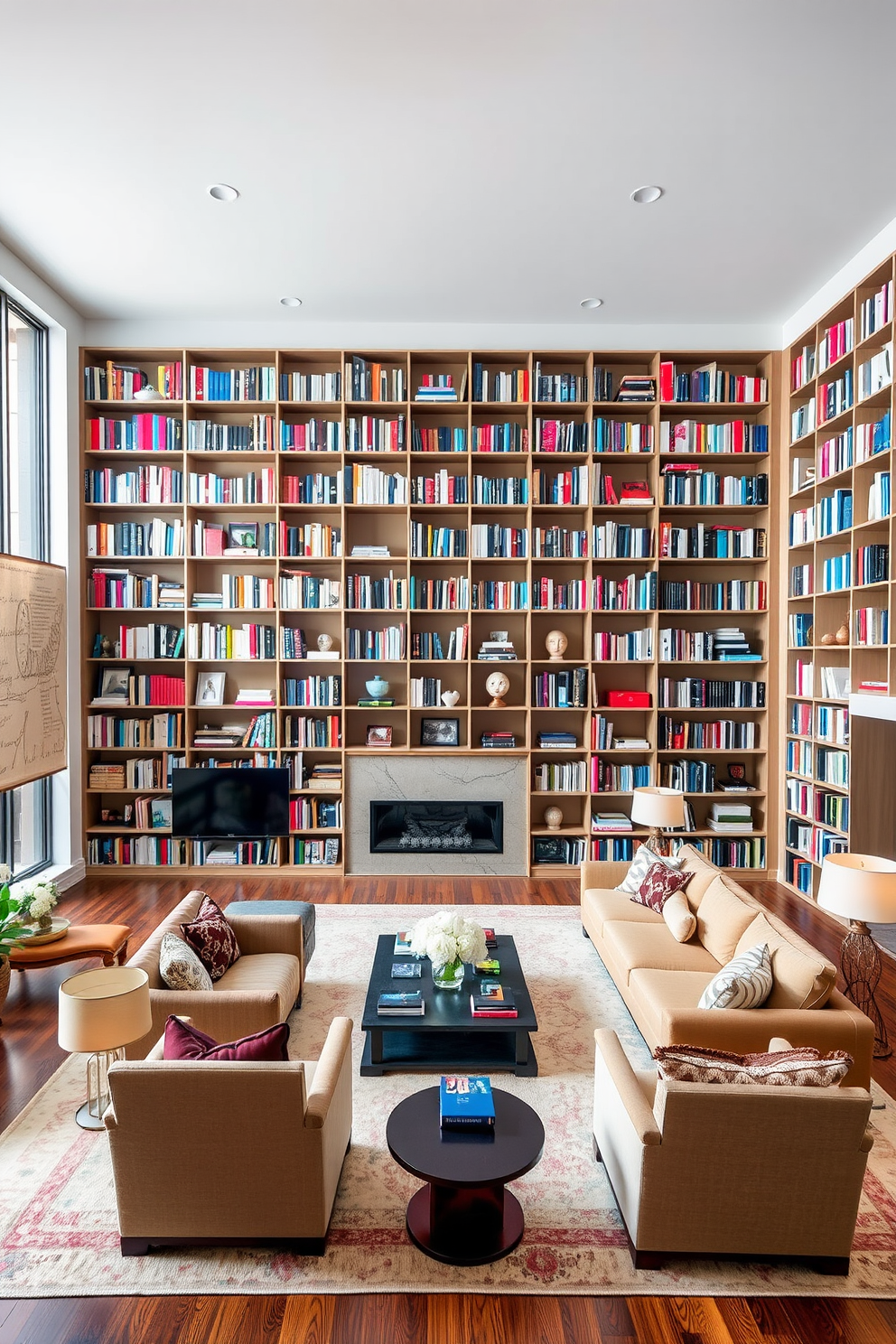 A large family room features tall bookshelves that stretch from floor to ceiling, filled with an array of books and decorative items. The room is designed with cozy seating arrangements, including a large sectional sofa and plush armchairs, creating an inviting atmosphere for family gatherings.