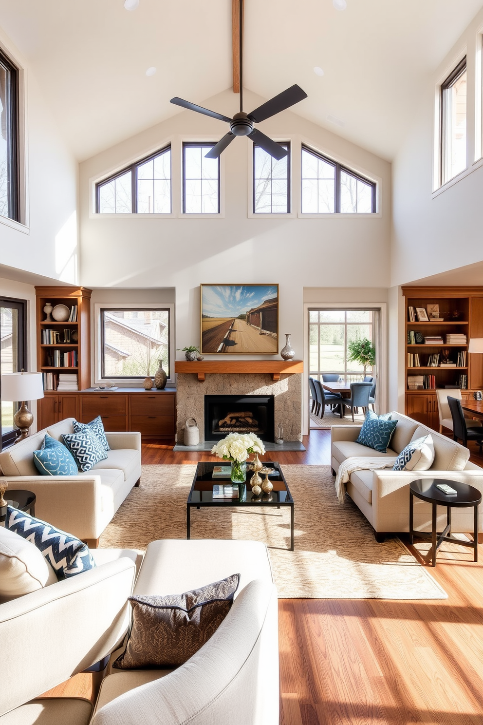 Custom built-ins designed to maximize space create a seamless integration with the overall aesthetic of the family room. The large family room features a cozy sectional sofa facing a modern fireplace, surrounded by custom cabinetry that provides ample storage and display options.