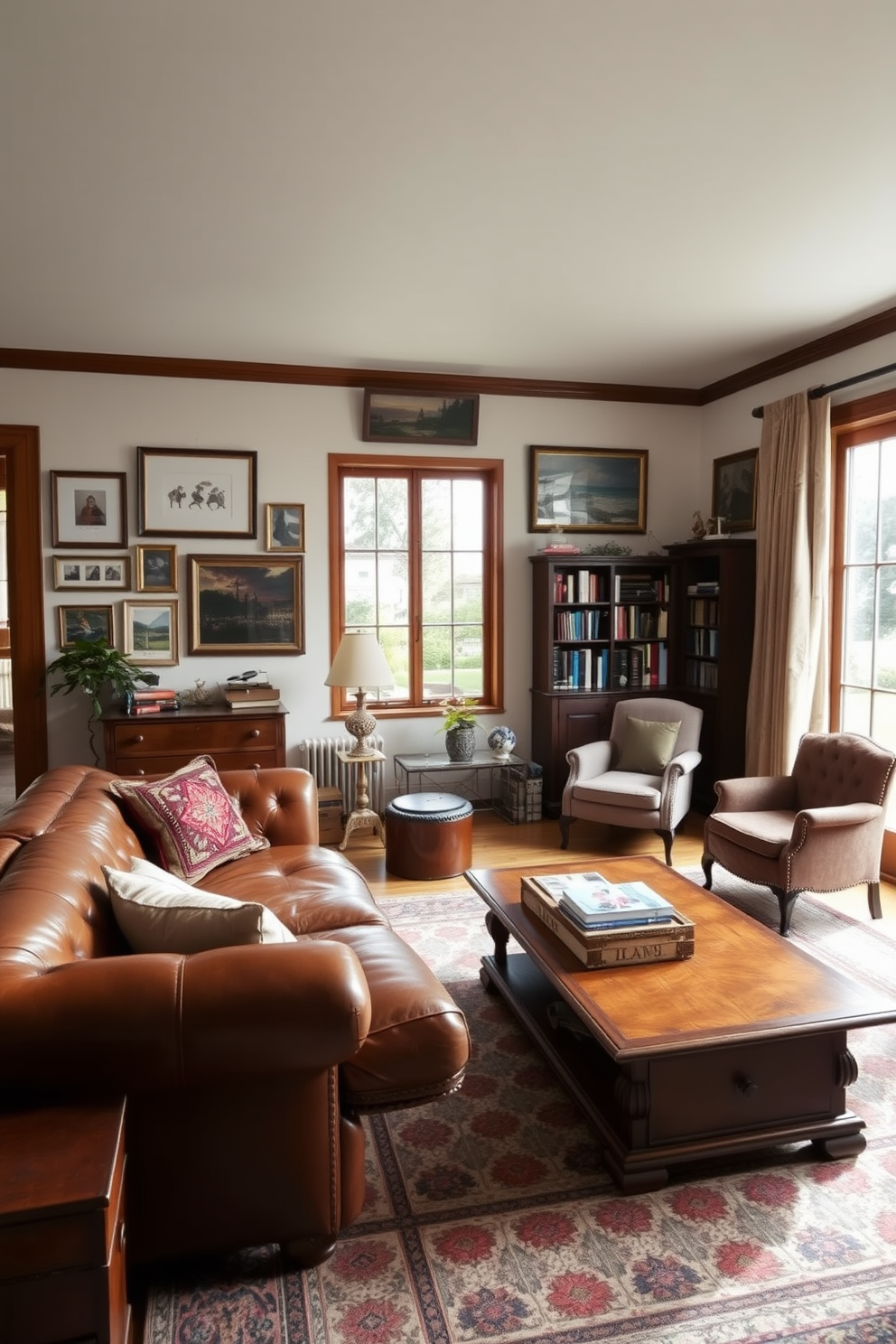 A spacious family room filled with natural light features a large vintage leather sofa paired with an antique wooden coffee table. The walls are adorned with framed family photos and a mix of vintage and modern art, creating a warm and inviting atmosphere. In one corner, a cozy reading nook is set up with a vintage armchair and a small bookshelf filled with classic novels. A patterned area rug anchors the space, while a large window dressed with flowing curtains offers a view of the garden outside.