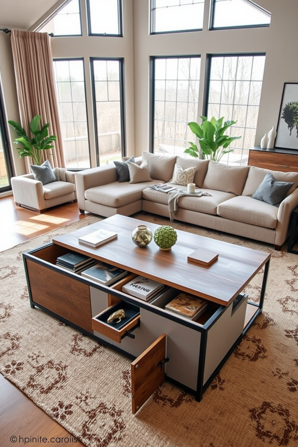 A large coffee table with storage options sits at the center of a spacious family room. It features a sleek design with a combination of wood and metal, providing ample space for books and decorative items. The family room is designed for comfort and relaxation, with a plush sectional sofa arranged around the coffee table. Large windows allow natural light to flood the space, complemented by soft, neutral-colored walls and a cozy area rug.