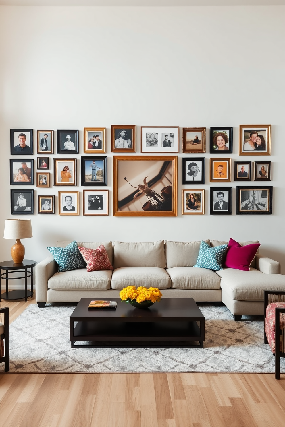 A large family room featuring a neutral color palette with soft beige walls and a light gray sectional sofa. Bold accents are introduced through vibrant throw pillows in shades of deep blue and mustard yellow, adding a pop of color to the space. The room includes a stylish coffee table made of reclaimed wood, surrounded by a plush area rug that complements the overall design. Large windows allow natural light to flood the room, enhancing the inviting atmosphere and showcasing a statement artwork on the wall.