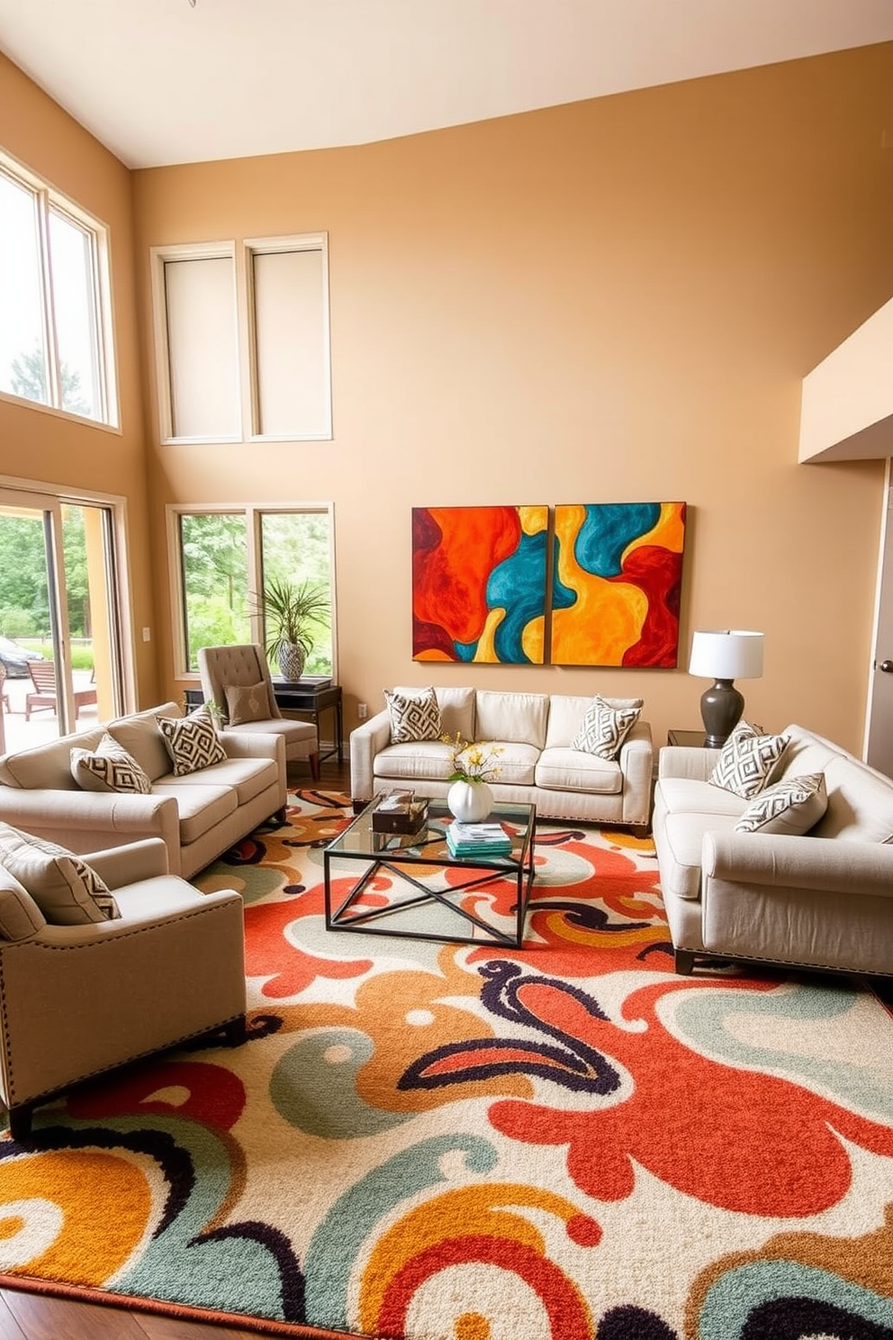 A large family room featuring a bold area rug that anchors the seating arrangement. The room is filled with comfortable furniture, including a plush sectional sofa and oversized armchairs, all arranged around a central coffee table. The walls are painted in a warm neutral tone, complemented by vibrant artwork that adds character to the space. Large windows allow natural light to flood the room, enhancing the inviting atmosphere.