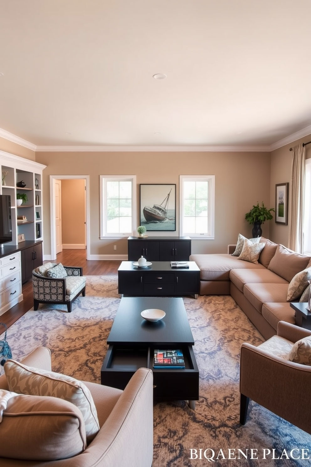 A large family room featuring a stunning fireplace as the focal point. The fireplace is surrounded by built-in shelves filled with books and decorative items, creating a cozy and inviting atmosphere. The seating area includes a plush sectional sofa adorned with colorful throw pillows, positioned to face the fireplace. Soft area rugs anchor the space, while large windows allow natural light to flood the room, enhancing the warm and welcoming vibe.