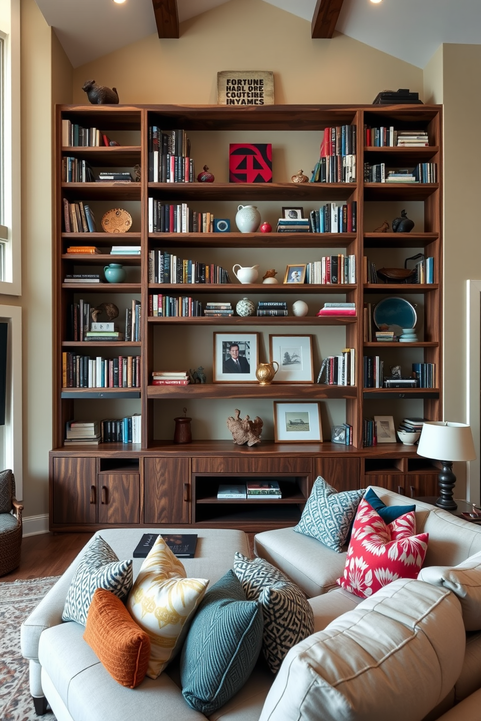 A spacious family room featuring open shelving that showcases an array of books and decorative items. The shelves are made of reclaimed wood and are complemented by a cozy seating arrangement with a large sectional sofa and colorful throw pillows.