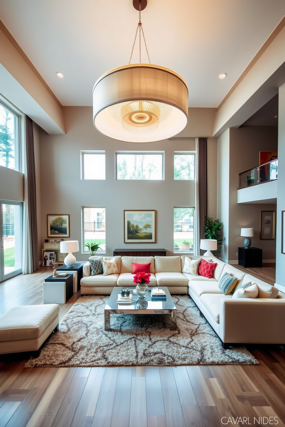 A large family room featuring a statement lighting fixture that serves as the focal point of the space. The room is designed with a cozy sectional sofa in neutral tones, complemented by colorful accent pillows and a stylish coffee table at the center. Floor-to-ceiling windows allow natural light to flood the room, enhancing the warm ambiance. The walls are adorned with tasteful artwork, and a plush area rug anchors the seating arrangement, creating an inviting atmosphere for family gatherings.