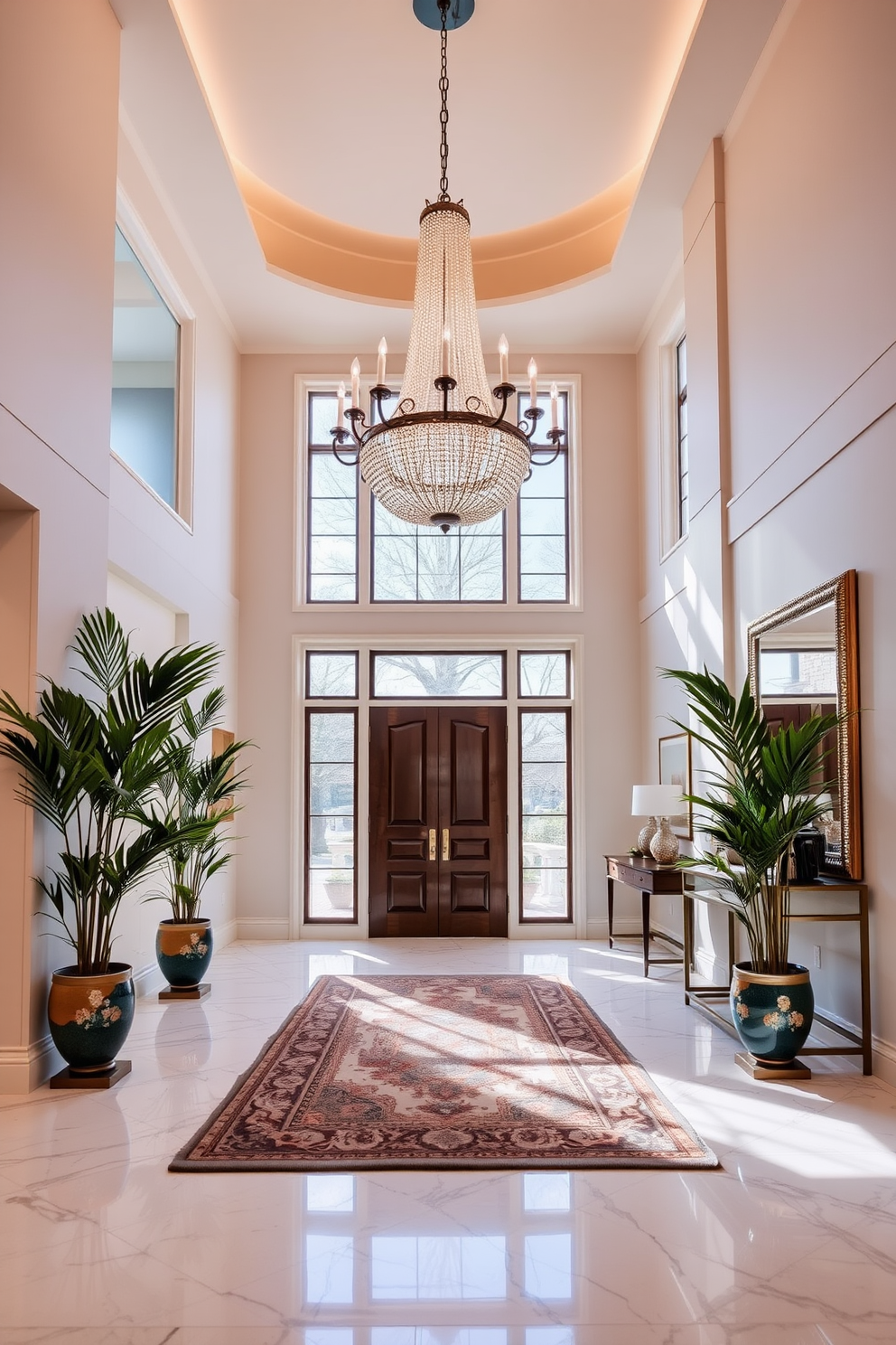 A grand chandelier hangs majestically from the high ceiling, casting a warm glow over the expansive foyer. The space is adorned with elegant marble flooring, complemented by a stunning area rug that adds a touch of warmth and sophistication. Flanking the entrance are tall potted plants that bring a sense of life and vibrancy to the area. A statement console table against one wall showcases decorative items and a large mirror, enhancing the sense of space and light in the foyer.