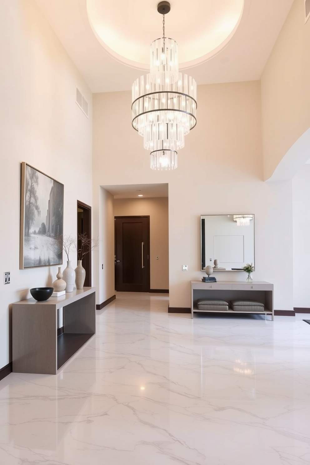 A spacious foyer featuring a neutral palette that creates a calming ambiance. The walls are painted in soft beige, complemented by a light grey marble floor that adds elegance to the space. A large statement chandelier hangs from the ceiling, casting a warm glow throughout the area. To one side, a sleek console table adorned with decorative objects and a large mirror enhances the sense of openness.