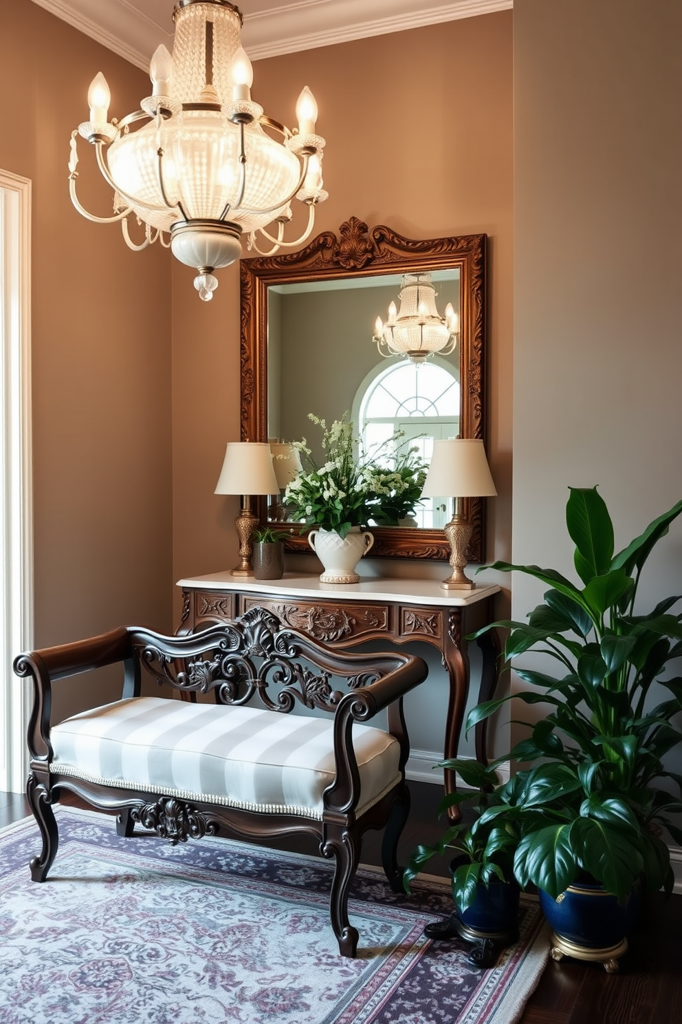 A vintage bench is placed against the wall, featuring intricate carvings and a plush cushion in a soft fabric. The foyer is illuminated by a grand chandelier, with a large mirror above a console table that reflects the elegant space. The floor is adorned with a classic patterned rug that adds warmth and texture. Potted plants are strategically positioned to bring a touch of greenery and life to the entrance area.