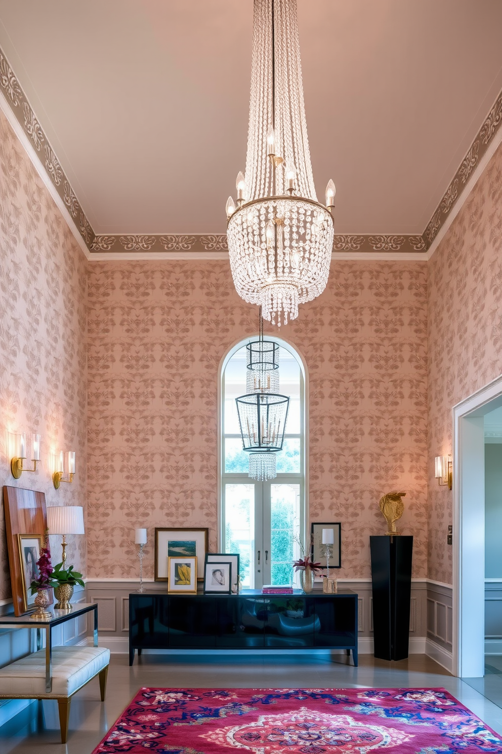 A grand foyer featuring a stunning chandelier made of crystal with intricate detailing. The walls are adorned with elegant wallpaper in a soft hue, complemented by a large console table showcasing decorative art pieces. The space is illuminated by unique lighting fixtures, including pendant lights with geometric shapes hanging from the ceiling. A plush area rug in rich colors anchors the space, while a large mirror reflects the light, enhancing the foyer's grandeur.