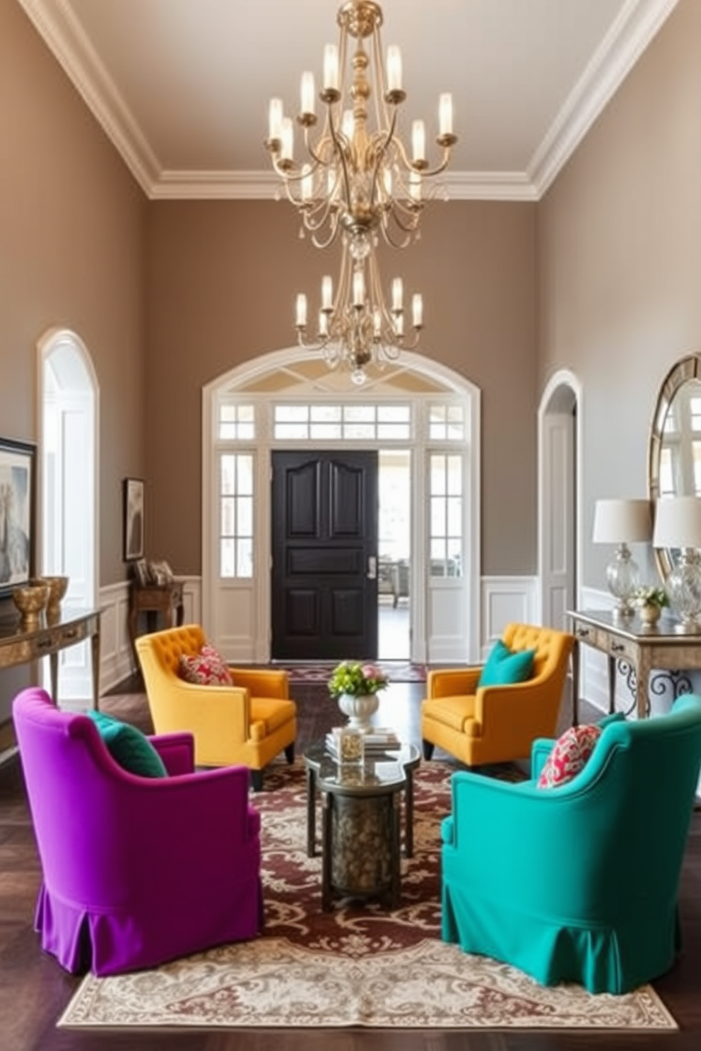 Colorful accent chairs in vibrant hues are strategically placed in a spacious foyer to create a striking contrast against the neutral walls. The foyer features a grand chandelier overhead, illuminating the space and highlighting the elegant design elements throughout. The floor is adorned with a luxurious area rug that complements the chairs, adding warmth and texture to the entryway. A console table against one wall displays decorative items, enhancing the overall aesthetic of this inviting and stylish foyer.