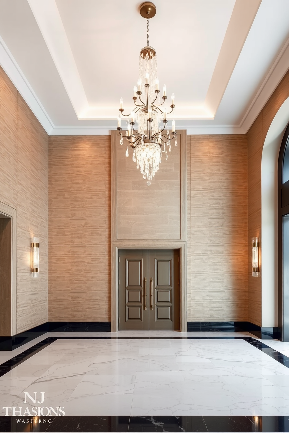 A grand foyer featuring textured wall panels that add depth and intrigue to the space. The floor is adorned with elegant marble tiles, and a stunning chandelier hangs from the ceiling, illuminating the area.