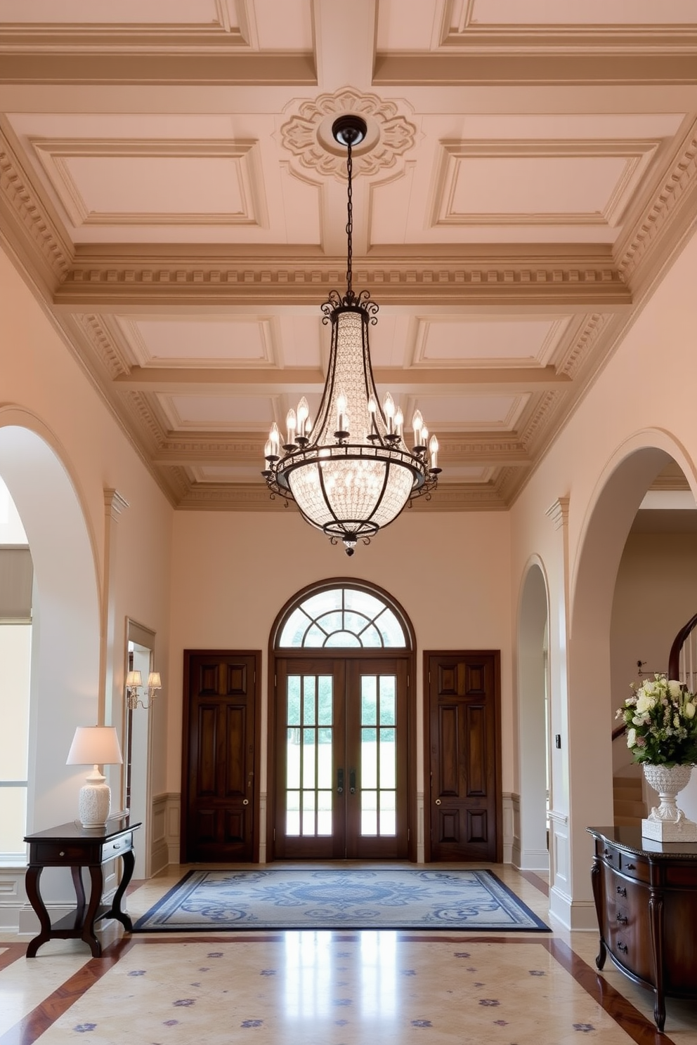 A grand foyer featuring intricate crown molding that adds elegance to the space. The foyer is adorned with a stunning chandelier that provides a warm and inviting glow.