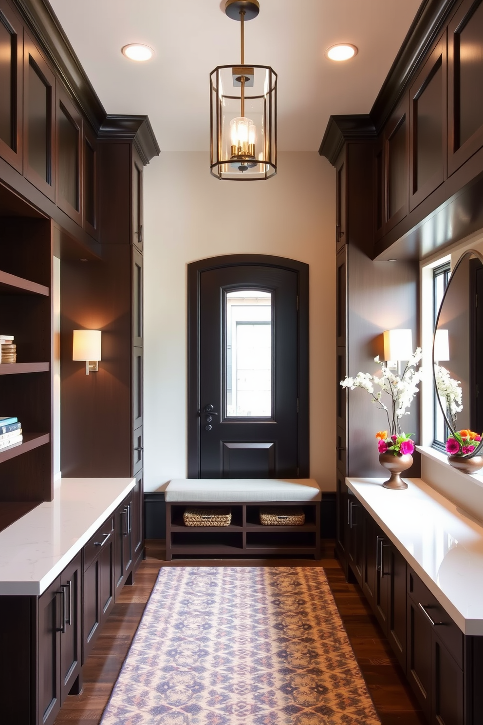 Create a large foyer that features custom built-in shelves and cabinets for organization. The design should incorporate a welcoming color palette with stylish lighting fixtures and a statement mirror.