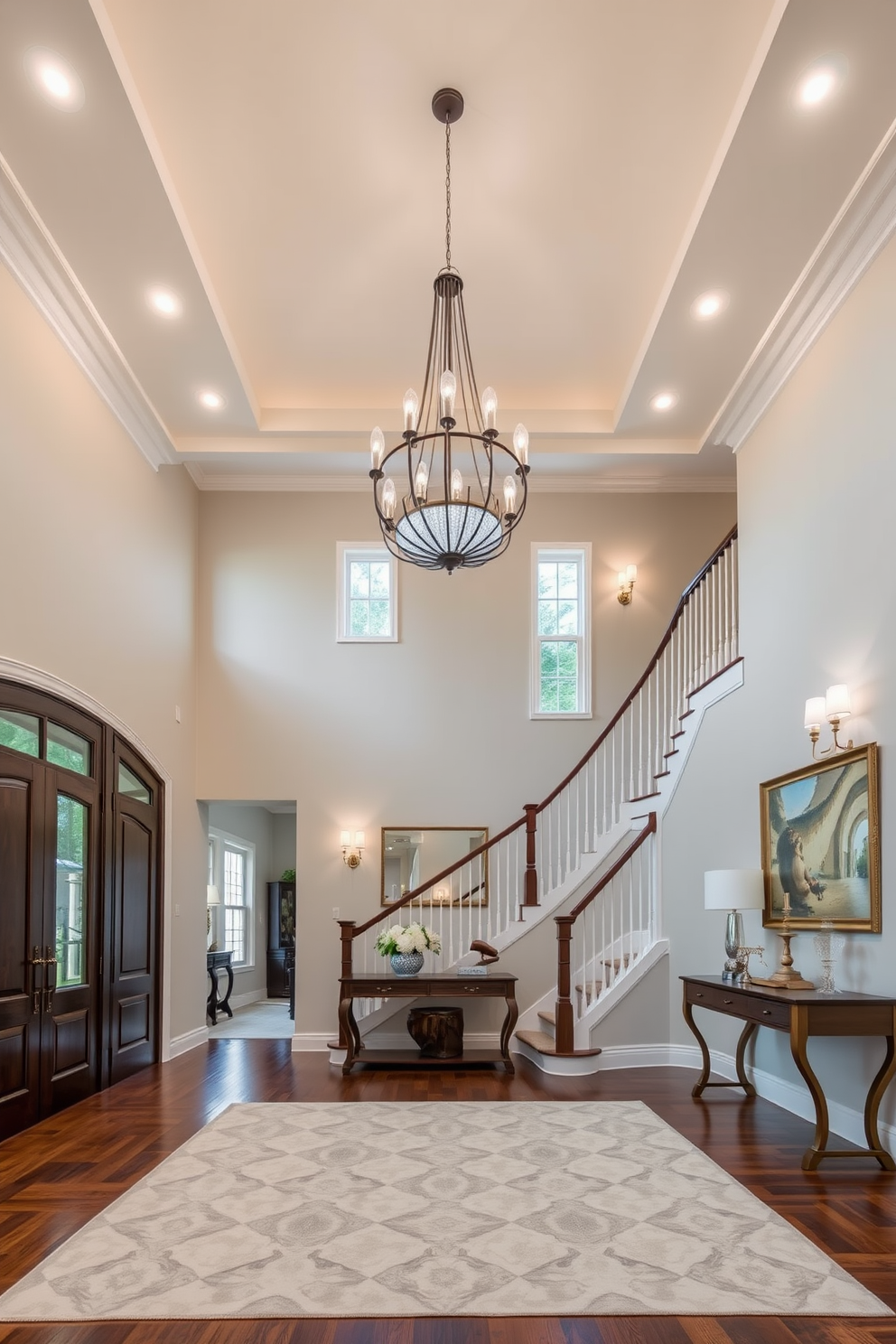 Layered lighting creates a versatile mood in a large foyer, featuring a combination of recessed ceiling lights, elegant pendant fixtures, and strategically placed wall sconces. The warm glow from the lights highlights the architectural details of the space while providing a welcoming atmosphere for guests. The large foyer is designed with a grand staircase that sweeps upwards, complemented by a stunning chandelier that serves as a focal point. Rich hardwood flooring contrasts beautifully with a soft area rug, and a statement console table is adorned with decorative accents and fresh flowers.