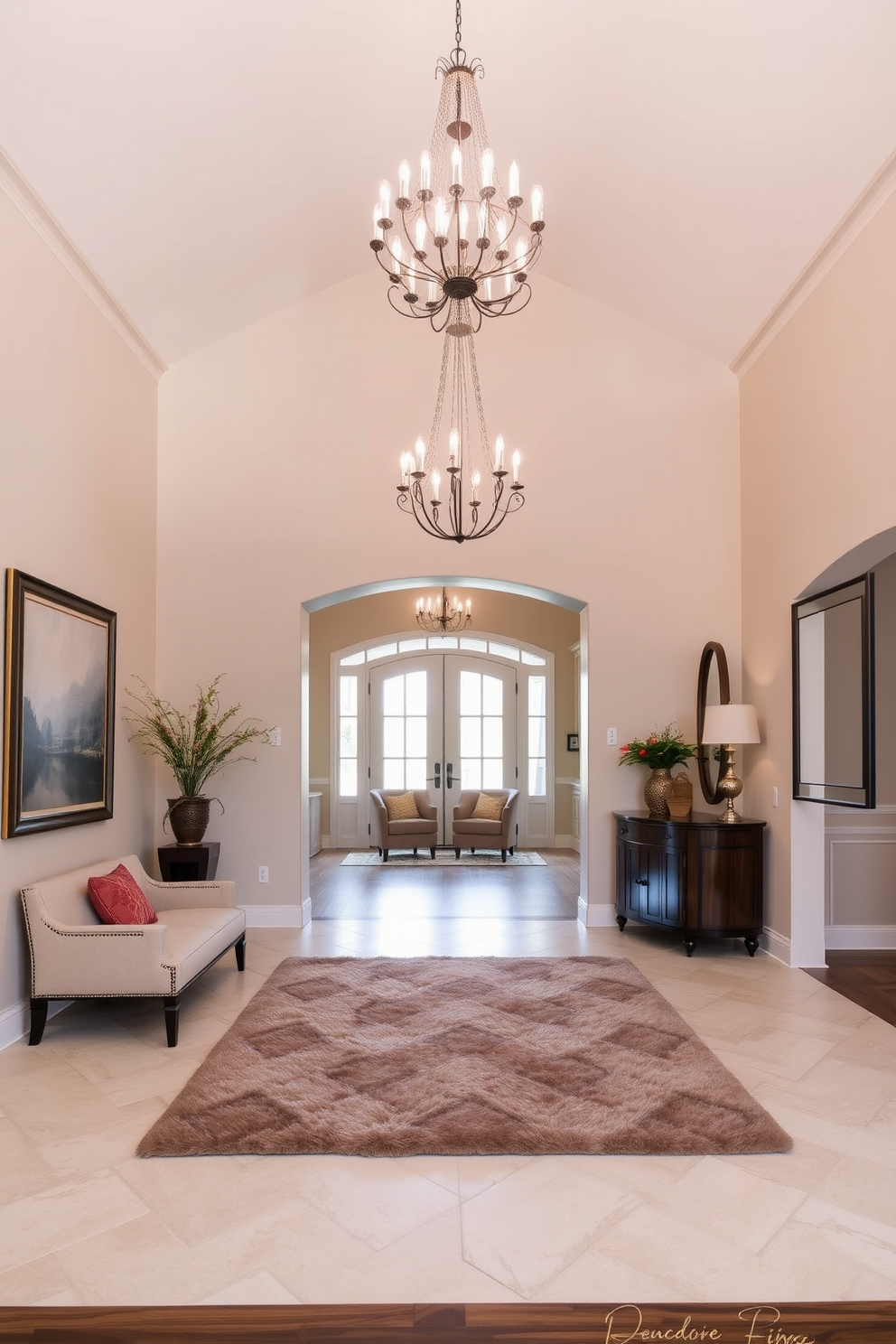 A large foyer featuring a cohesive color scheme that harmonizes soft neutrals with rich accents. The space is illuminated by a stunning chandelier, with a plush area rug anchoring the entrance and inviting guests into the home.