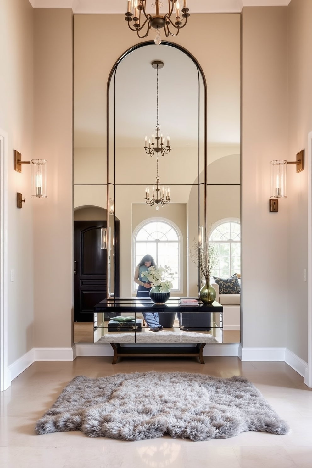 A grand foyer featuring a large mirror that reflects light and enhances the sense of space. The entrance is adorned with elegant light fixtures and a stylish console table beneath the mirror. The walls are painted in a soft neutral tone to create a welcoming atmosphere. A plush area rug lies on the floor, adding warmth and texture to the design.