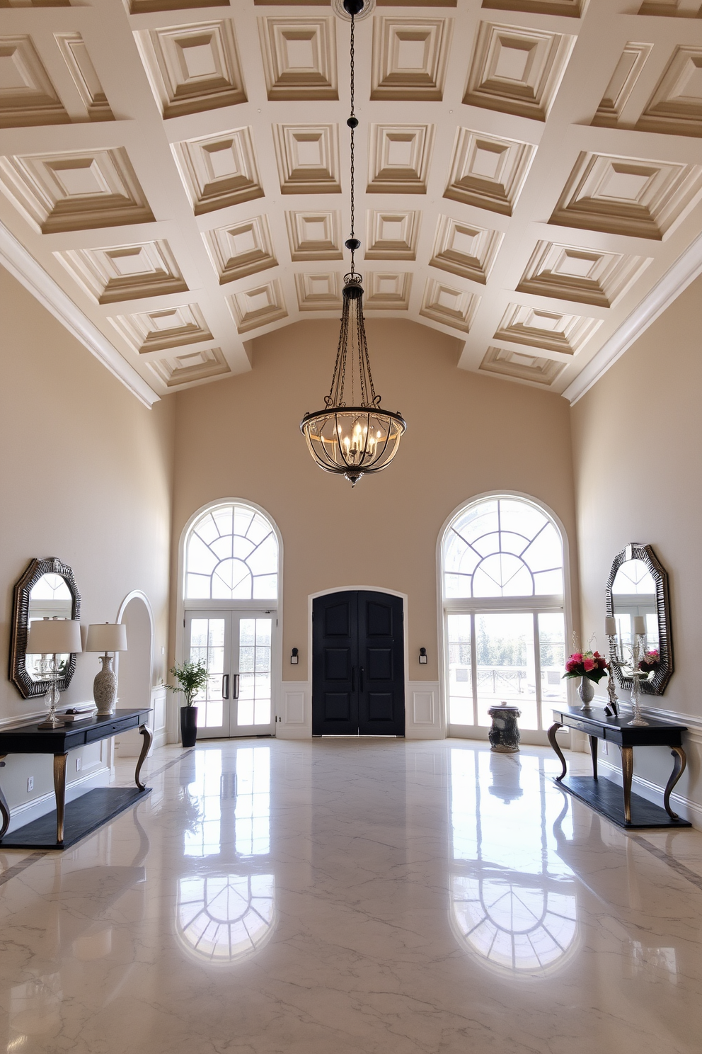 A grand foyer features a high ceiling adorned with intricate coffered details that create visual interest. Elegant chandeliers hang from the center, casting a warm glow over the space. The foyer is spacious, with a polished marble floor that reflects the light from the large windows. A statement console table against one wall showcases decorative accents and fresh flowers, welcoming guests into the home.