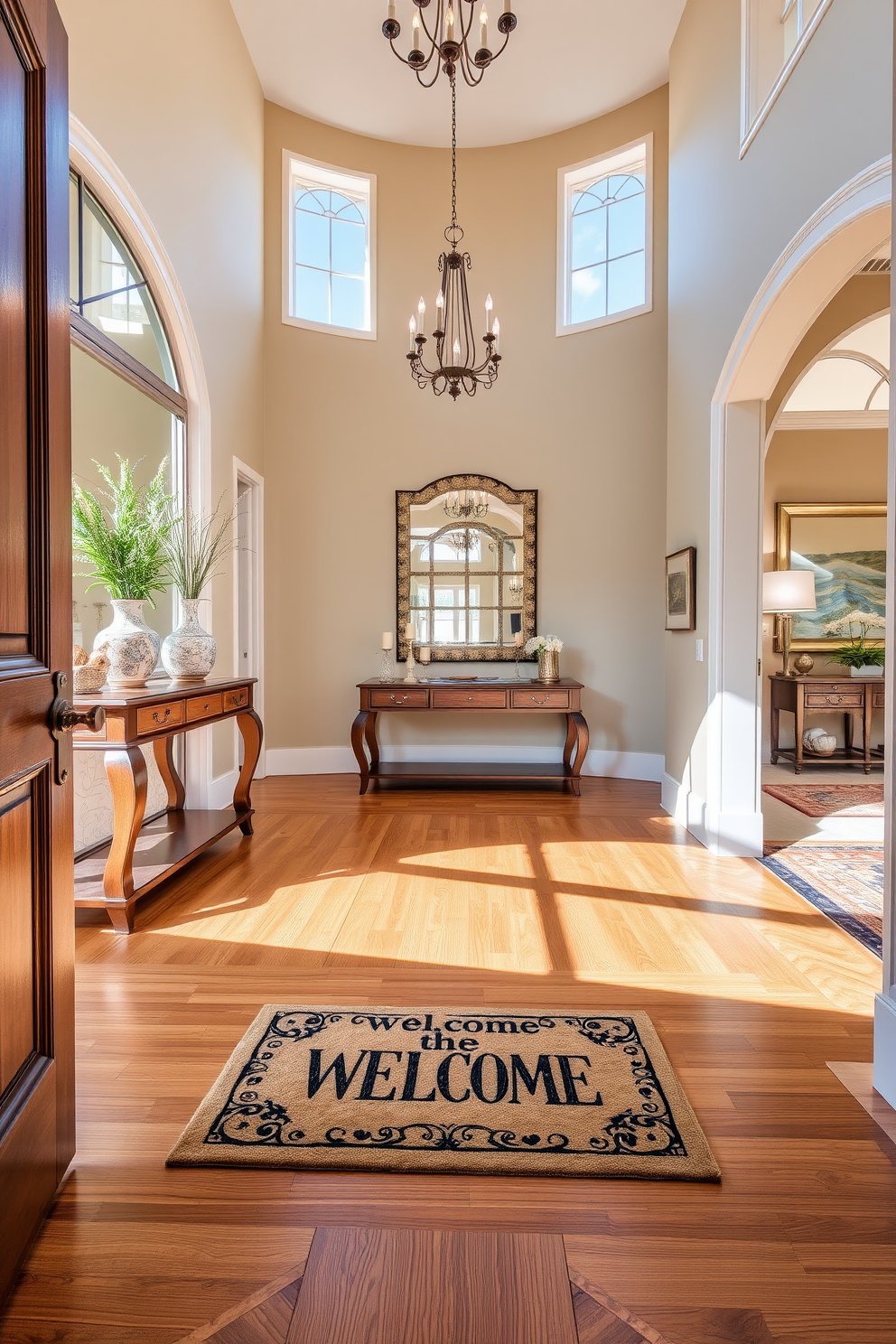 A grand foyer with high ceilings showcasing intricate crown molding that adds elegance to the space. The floor is adorned with polished marble tiles, creating a luxurious entryway that welcomes guests. A statement chandelier hangs in the center, casting a warm glow over the area. Flanking the entrance, tall potted plants add a touch of greenery and sophistication to the design.