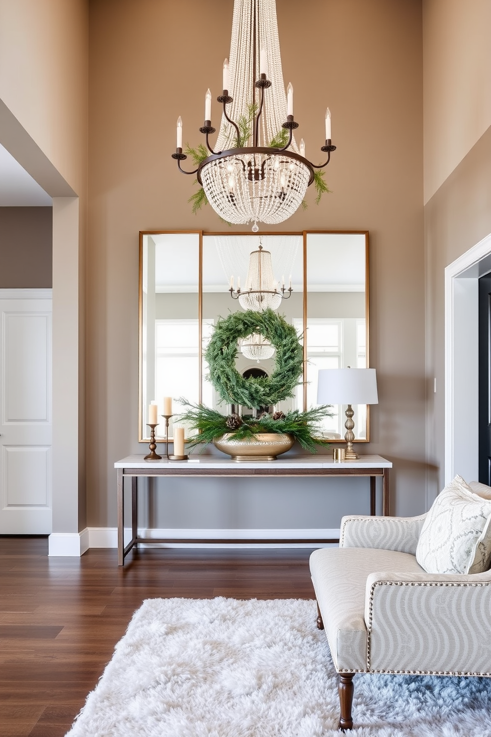 Seasonal decor to refresh space. Incorporate natural elements such as pinecones and evergreen branches in a stylish arrangement on a console table, complemented by warm candlelight and festive ornaments. Large foyer design ideas. Create an inviting atmosphere with a statement chandelier hanging from a high ceiling, paired with a large mirror that reflects light and a plush area rug anchoring the space.