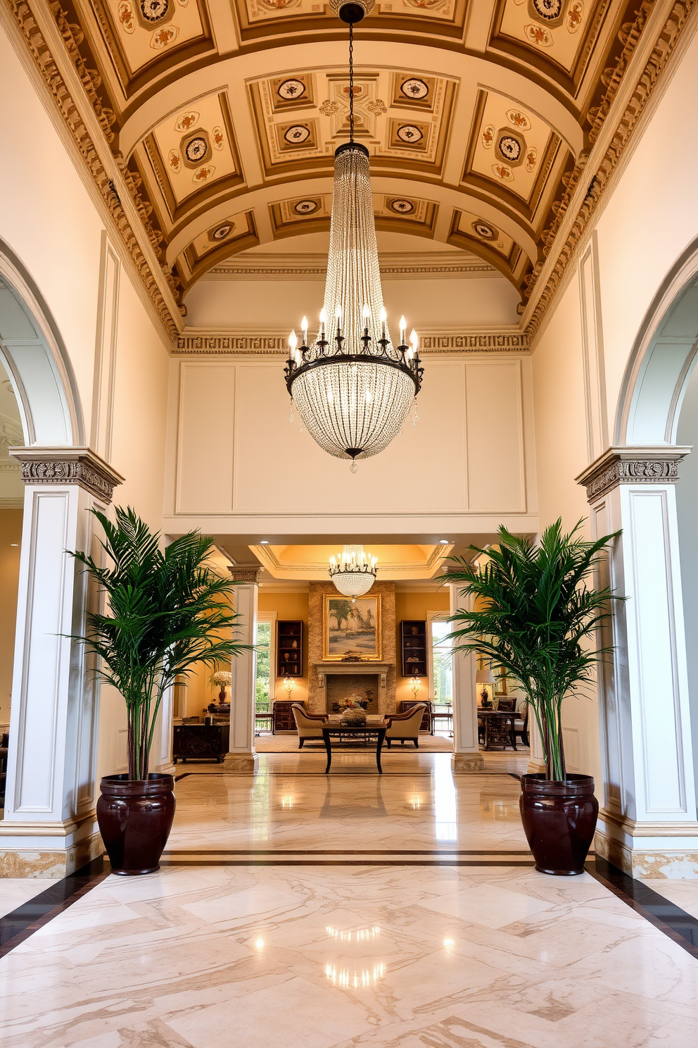 A grand foyer with high ceilings and intricate crown molding creates an inviting first impression. A large chandelier hangs elegantly from the center, illuminating the space with warm light. The floor is adorned with a stunning marble pattern, leading guests towards the main living areas. Flanking the entrance, two tall potted plants add a touch of greenery and vibrancy to the design.