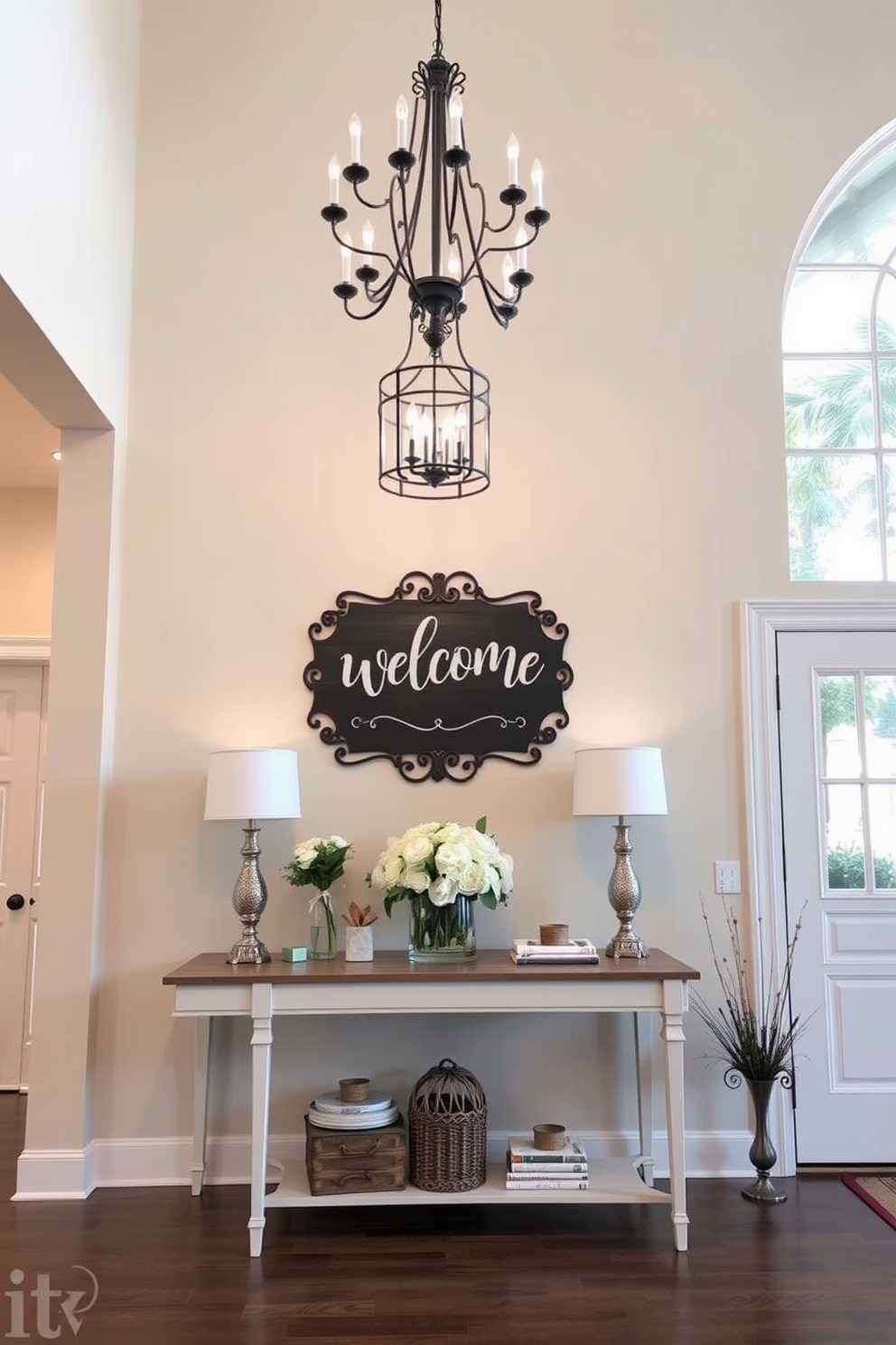 A charming large foyer welcomes guests with a personalized welcome sign elegantly displayed on the wall. The space features a grand chandelier hanging from a high ceiling, illuminating a beautifully arranged console table adorned with fresh flowers and decorative accents.