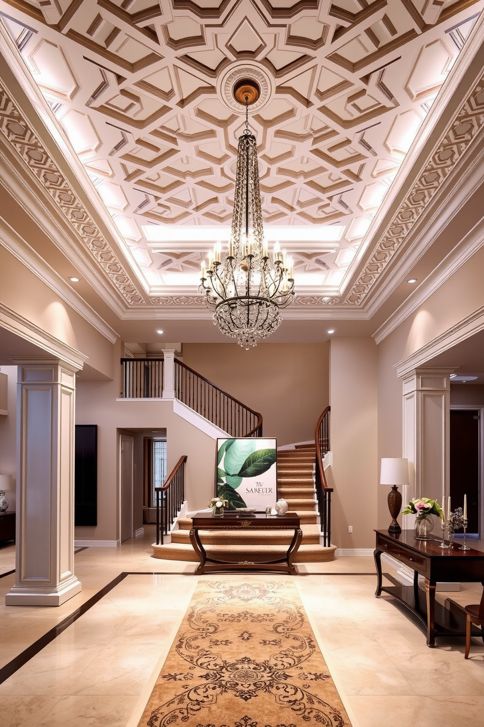 Artistic ceiling design for impact. The ceiling features an intricate pattern of geometric shapes painted in soft pastels, complemented by a stunning chandelier that serves as the focal point of the room. Large foyer design ideas. The foyer boasts a grand entrance with a sweeping staircase, adorned with a plush runner and flanked by elegant columns, while a large console table holds a striking piece of artwork and fresh flowers.