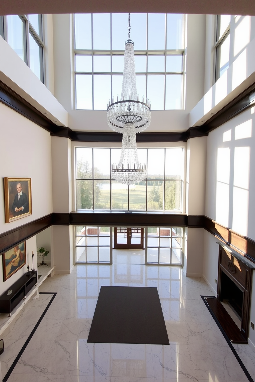 A spacious foyer with a neutral color palette creates a calming atmosphere. Soft beige walls complement a light gray marble floor, enhancing the sense of openness and tranquility. Stylish furniture pieces, such as a sleek console table and a plush bench, are strategically placed to invite guests in. A large round mirror above the console reflects natural light, making the space feel even more expansive.