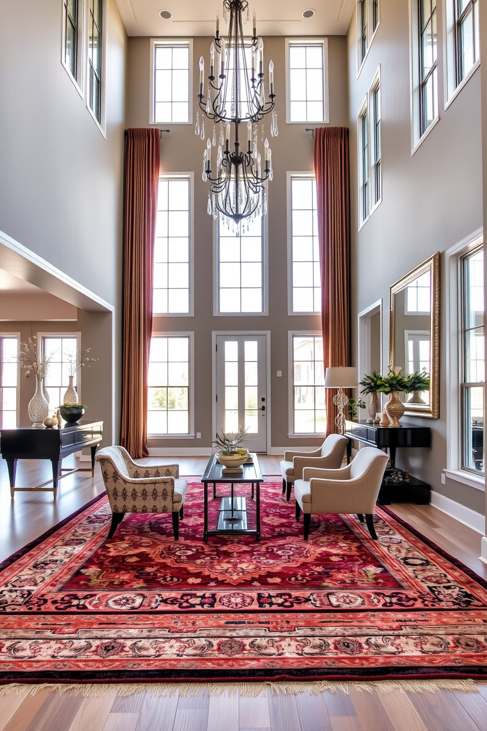 A grand foyer welcomes guests with a stunning layered rug design that adds warmth and texture. The space features high ceilings adorned with an elegant chandelier, while a statement console table sits against the wall, topped with decorative accents and a large mirror. The foyer is framed by tall windows that allow natural light to flood the area, highlighting the rich colors of the layered rugs. A plush seating area with stylish chairs invites visitors to linger, creating an inviting atmosphere that sets the tone for the rest of the home.