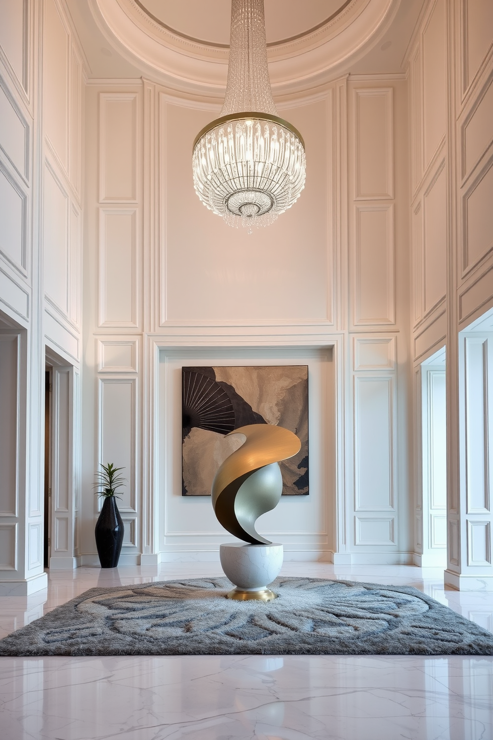 A grand foyer featuring a sculptural art piece as the centerpiece. The space is illuminated by a stunning chandelier that hangs from a high ceiling, enhancing the dramatic effect of the art. The walls are adorned with elegant paneling in a soft white finish, creating a sophisticated backdrop. A plush area rug lies beneath the art piece, adding warmth and texture to the polished marble floor.