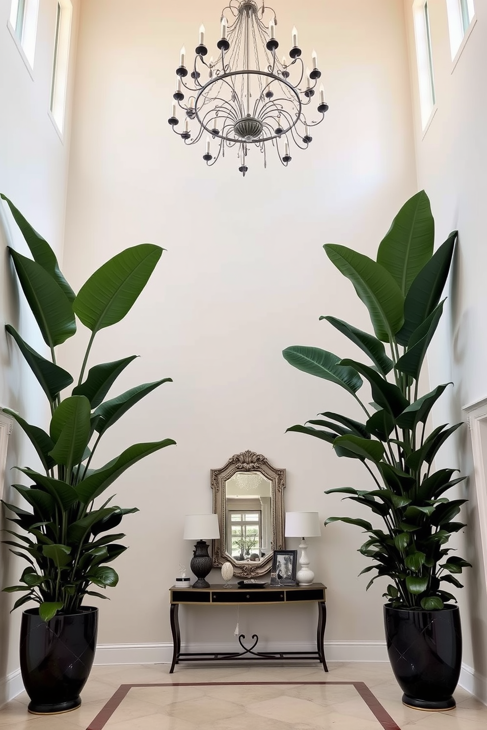 A grand foyer with high ceilings featuring oversized plants in elegant planters. The space is adorned with a stunning chandelier that complements the natural greenery, creating a welcoming atmosphere. The walls are painted in a soft neutral tone, enhancing the brightness of the area. A stylish console table sits against one wall, decorated with a statement mirror and tasteful accessories.