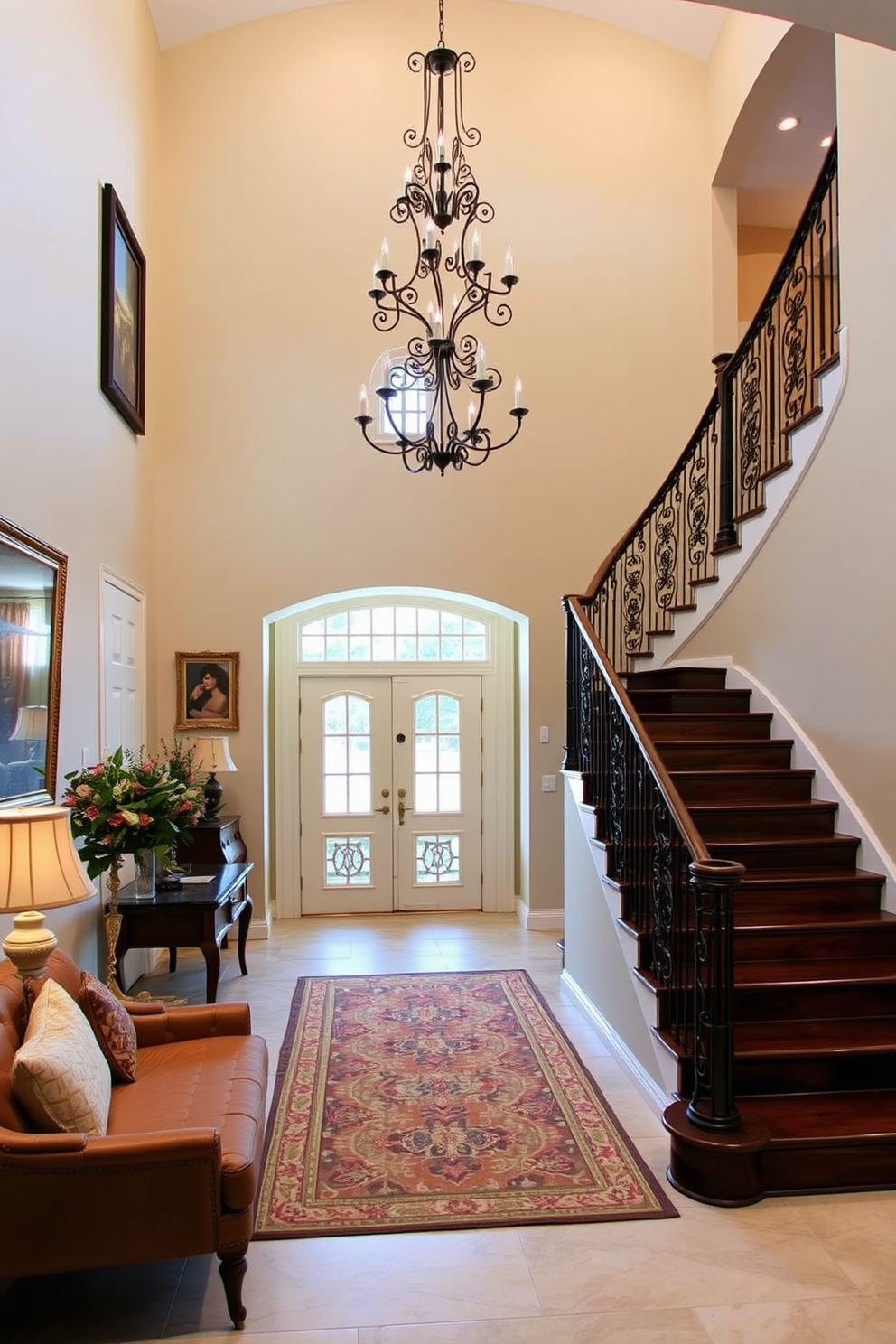 An elegant seating area features two plush armchairs upholstered in a soft velvet fabric, positioned around a sleek glass coffee table. A contemporary floor lamp stands beside one chair, casting a warm glow over the space. The large foyer showcases a grand entrance with high ceilings and a stunning chandelier hanging above. A statement console table is placed against the wall, adorned with decorative accessories and a large mirror that reflects natural light.