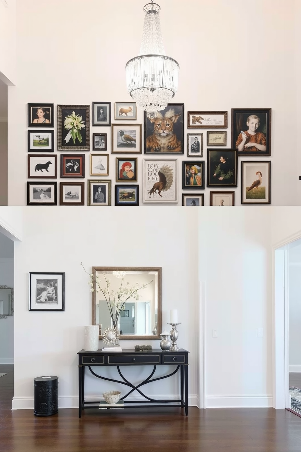 A gallery wall showcasing personal art features a variety of framed pieces in different sizes and styles. The wall is painted in a soft white hue to allow the colors of the artwork to stand out vibrantly. The large foyer design includes a grand entrance with a high ceiling and an elegant chandelier hanging above. A console table is positioned against one wall, adorned with decorative items and a large mirror that reflects the spaciousness of the area.