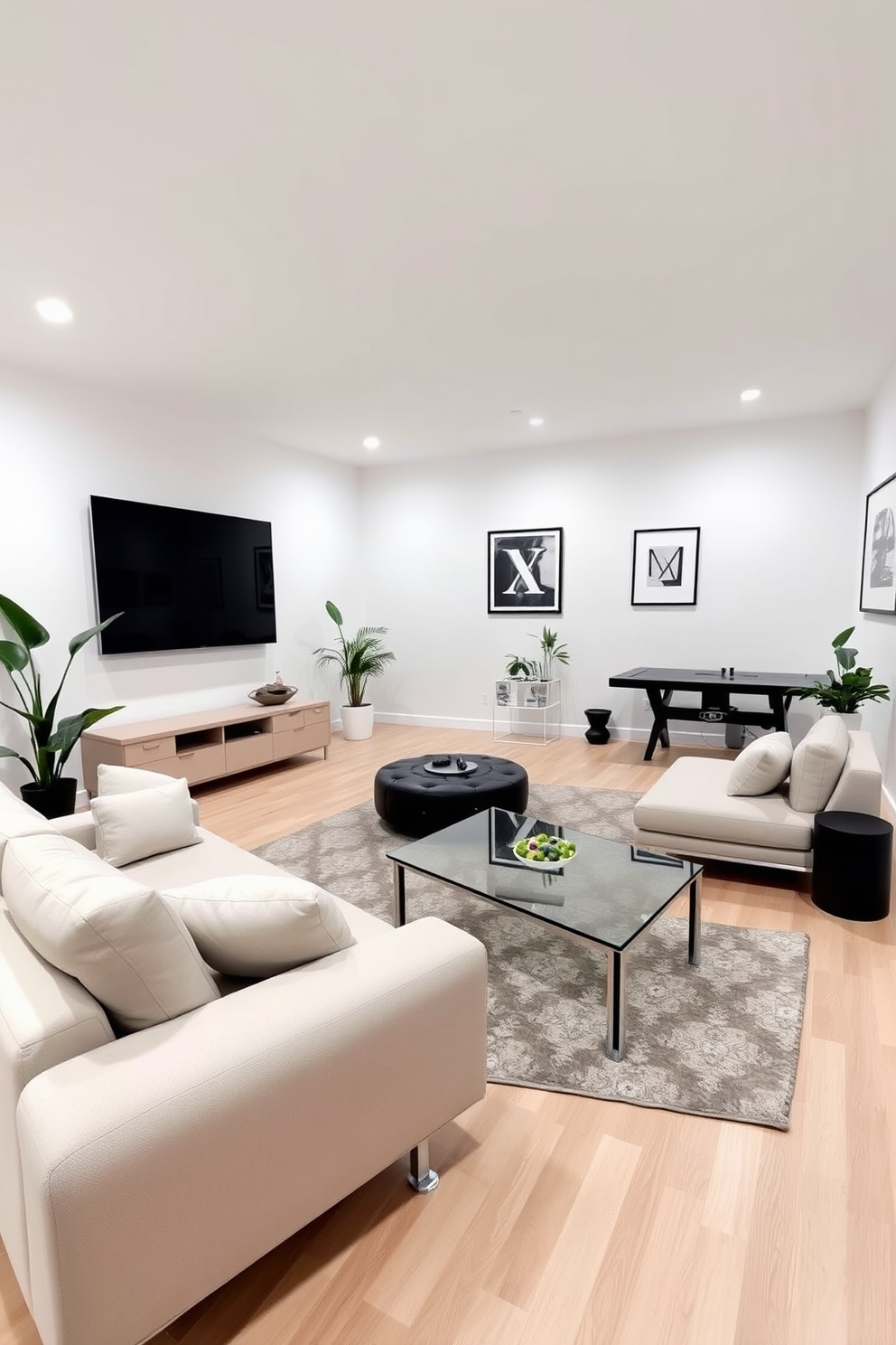 A modern minimalist game room featuring sleek furniture and a clean design aesthetic. The space includes a low-profile sectional sofa in a neutral color, a glass coffee table, and a wall-mounted entertainment system with a large screen. The walls are painted in a soft white, and the flooring is a light hardwood that adds warmth to the room. A few strategically placed indoor plants provide a touch of greenery, while minimalist artwork adorns the walls for visual interest.