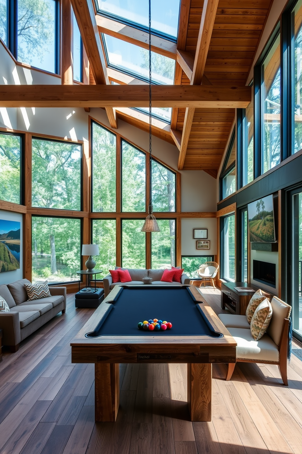 A spacious game room that brings the outdoors inside. Natural wood beams frame the ceiling while large windows offer views of the surrounding greenery. The walls are adorned with nature-inspired artwork and the flooring features reclaimed wood for a rustic feel. A cozy seating area with plush sofas and vibrant cushions invites relaxation alongside a pool table made from reclaimed materials.