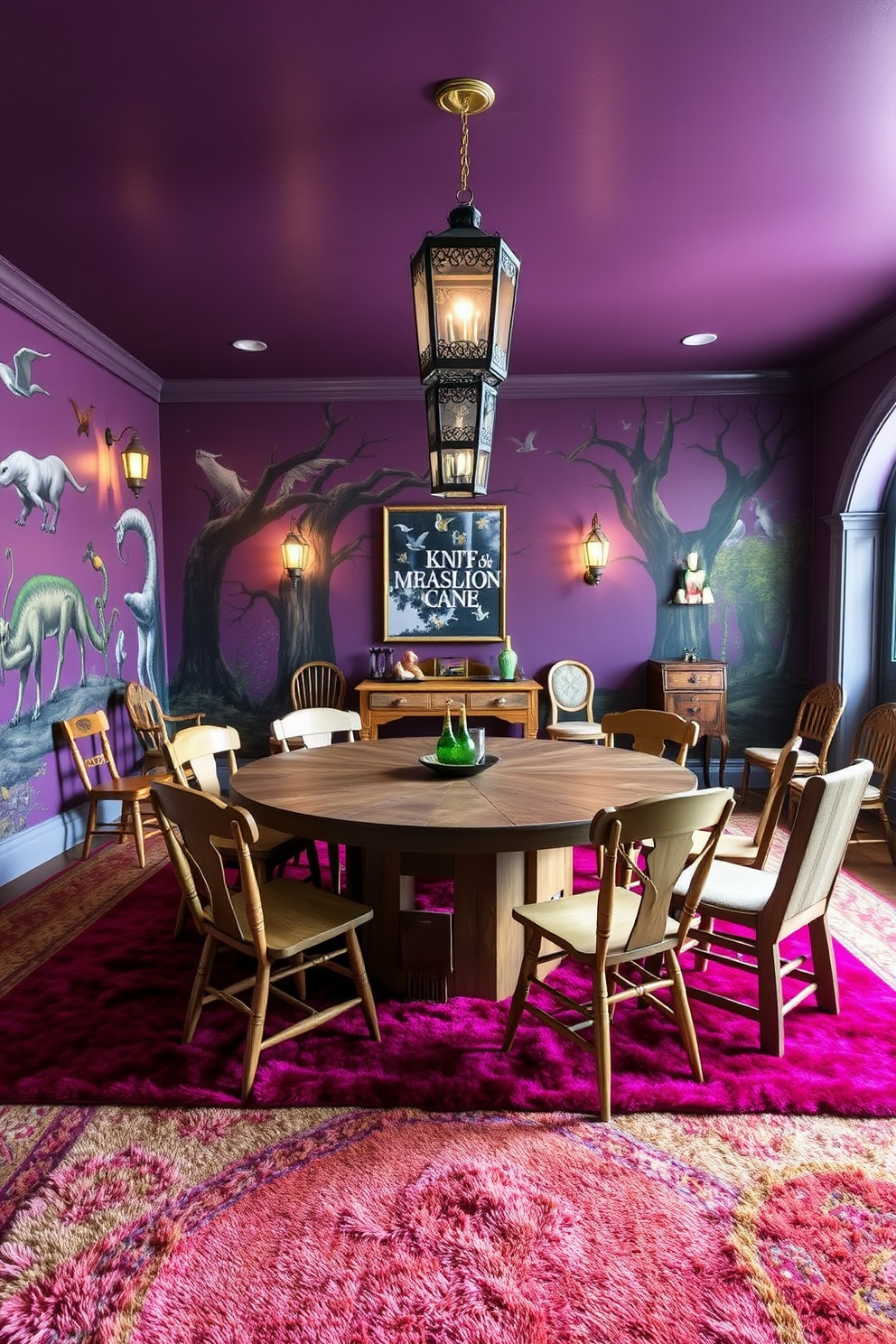 A fantasy-themed game room filled with whimsical decor. The walls are painted in deep purple, adorned with murals of mythical creatures and enchanted forests. In the center, a large circular table made of reclaimed wood is surrounded by mismatched chairs, each uniquely designed. Soft, ambient lighting from hanging lanterns creates a cozy atmosphere, while plush rugs in vibrant colors cover the floor.