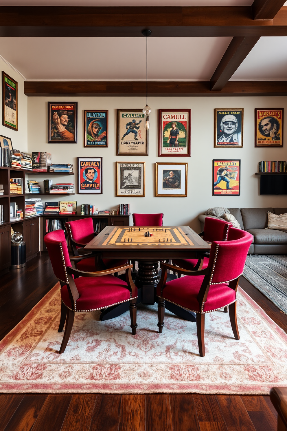 A classic board game setup features a large wooden table surrounded by plush upholstered chairs in rich colors. The walls are adorned with framed vintage game posters, and a soft area rug adds warmth to the space. The game room is designed with ample shelving for board games, books, and collectibles. A comfortable sectional sofa is positioned nearby, creating an inviting atmosphere for friends and family to gather.