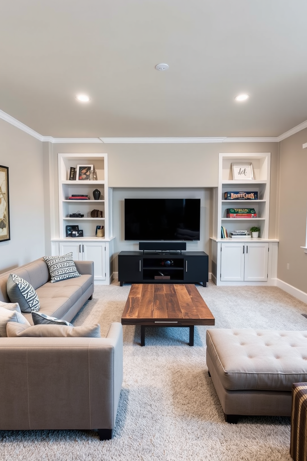 Understated chic game room with neutral tones. The walls are painted in a soft beige, and the plush carpet is a light gray. A sleek sectional sofa in a muted taupe faces a modern coffee table made of reclaimed wood. On one side, a wall-mounted flat-screen TV is framed by built-in shelves displaying games and decorative items.