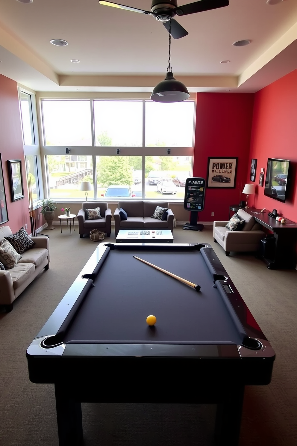 A vibrant tropical themed game room filled with lush green plants and colorful decor. The space features a large sectional sofa adorned with bright cushions and a coffee table made from reclaimed wood. The walls are painted in a soft coral hue, creating a warm and inviting atmosphere. A variety of indoor plants are strategically placed throughout the room, enhancing the tropical vibe and providing a refreshing touch.