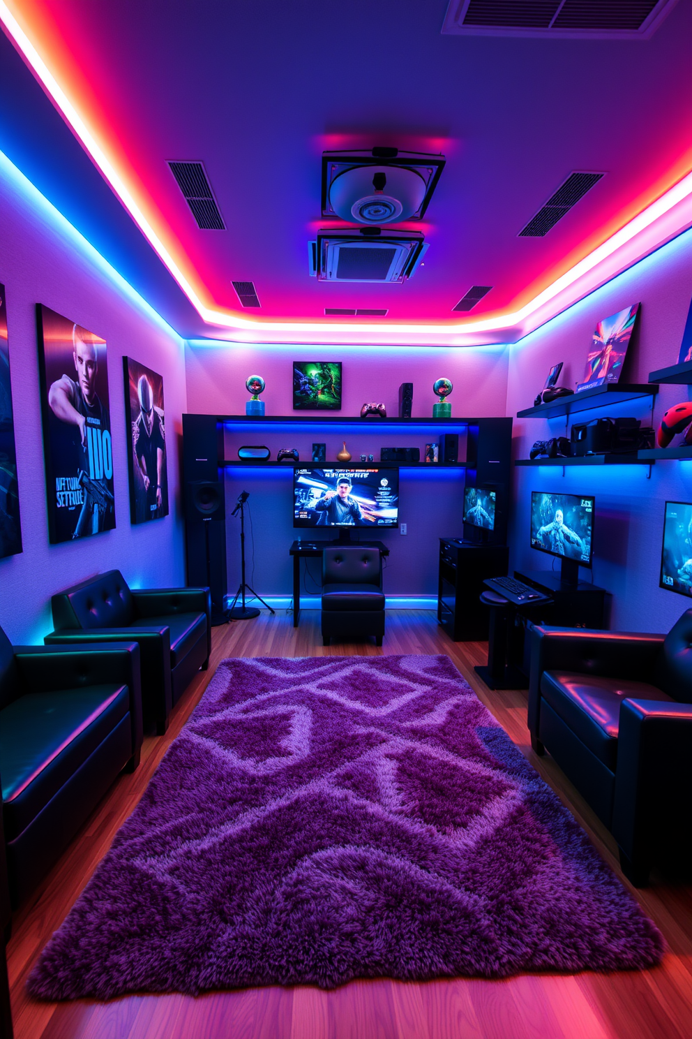 A futuristic gaming room featuring sleek black walls illuminated by vibrant LED strips in various colors. The room includes a large curved screen, a high-tech gaming chair, and a custom-built gaming desk with integrated lighting. The space is designed with soundproofing in mind, ensuring an immersive gaming experience. Plush seating areas with neon accents complement the overall aesthetic, creating a perfect environment for gaming enthusiasts.