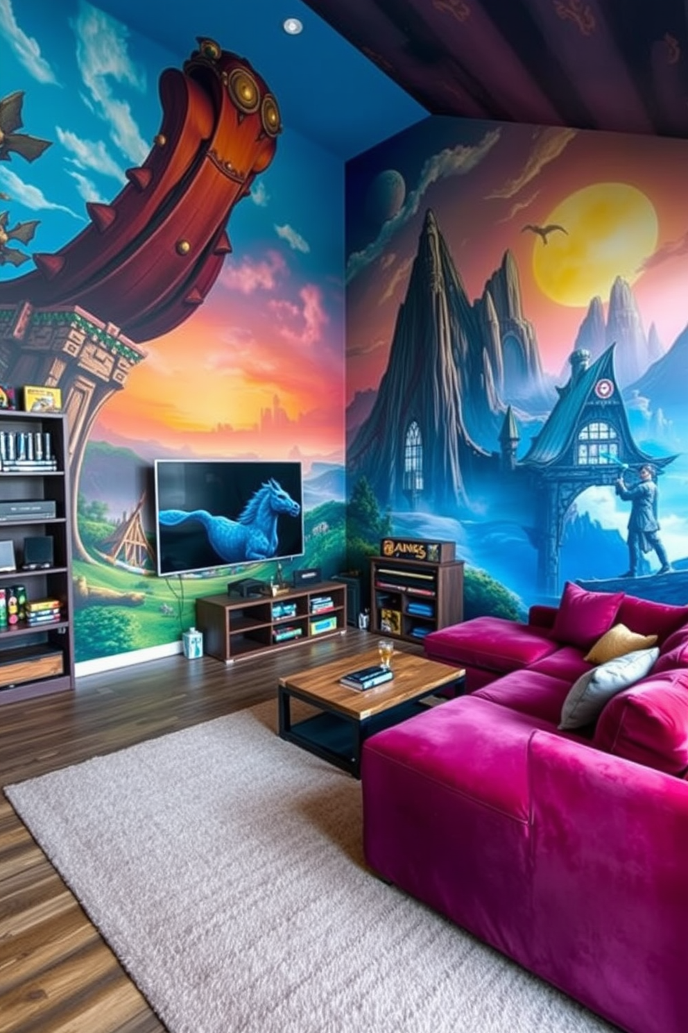 Artistic game room with unique wall murals. The space features vibrant, oversized murals depicting fantasy landscapes, creating an immersive atmosphere. The room includes a plush sectional sofa in rich colors, complemented by a sleek coffee table made of reclaimed wood. A large flat-screen TV is mounted on the wall opposite the seating area, surrounded by shelves filled with games and collectibles.