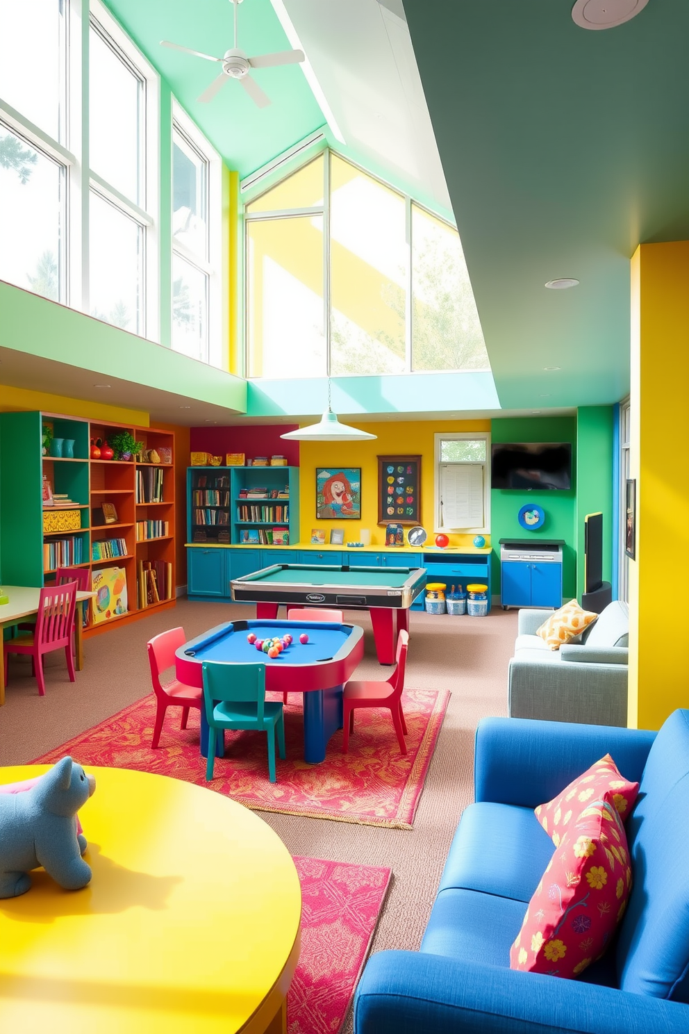 A vibrant family-friendly game room filled with colorful furniture and various activity zones. The space includes a pool table, a cozy reading nook with bookshelves, and a gaming area with comfortable seating. Bright wall colors and playful artwork create an inviting atmosphere for both kids and adults. Large windows allow natural light to flood the room, enhancing the cheerful ambiance.