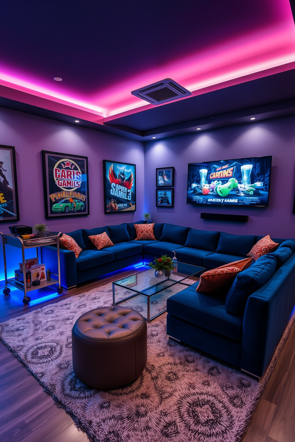 A sleek gaming lounge featuring modern aesthetics. The room is adorned with a large sectional sofa in deep blue, complemented by a glass coffee table and ambient LED lighting that creates a vibrant atmosphere. The walls are decorated with framed artwork of iconic video games and a large flat-screen TV is mounted for immersive gaming experiences. A stylish bar cart in the corner holds an assortment of snacks and drinks, while plush rugs provide comfort underfoot.