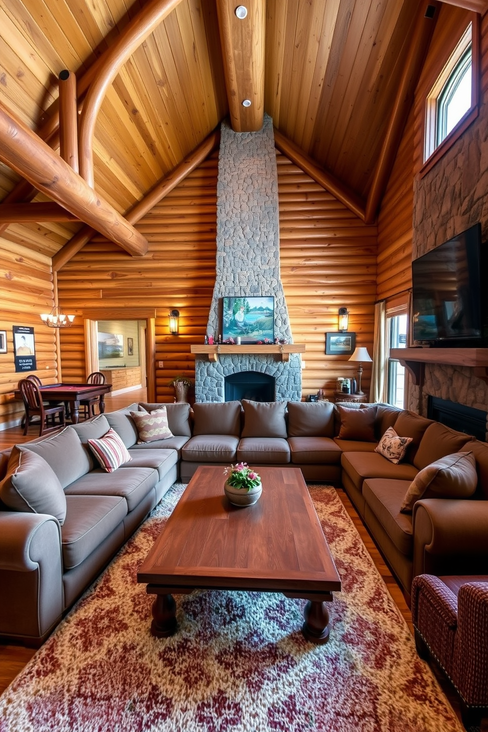 Cozy cabin inspired game room featuring warm wood accents throughout the space. The walls are adorned with rustic wooden panels and the ceiling showcases exposed beams for a true cabin feel. A large plush sectional sofa is positioned in the center, surrounded by oversized cushions and a soft area rug. A wooden coffee table sits in front, complemented by a stone fireplace that adds warmth and ambiance to the room.