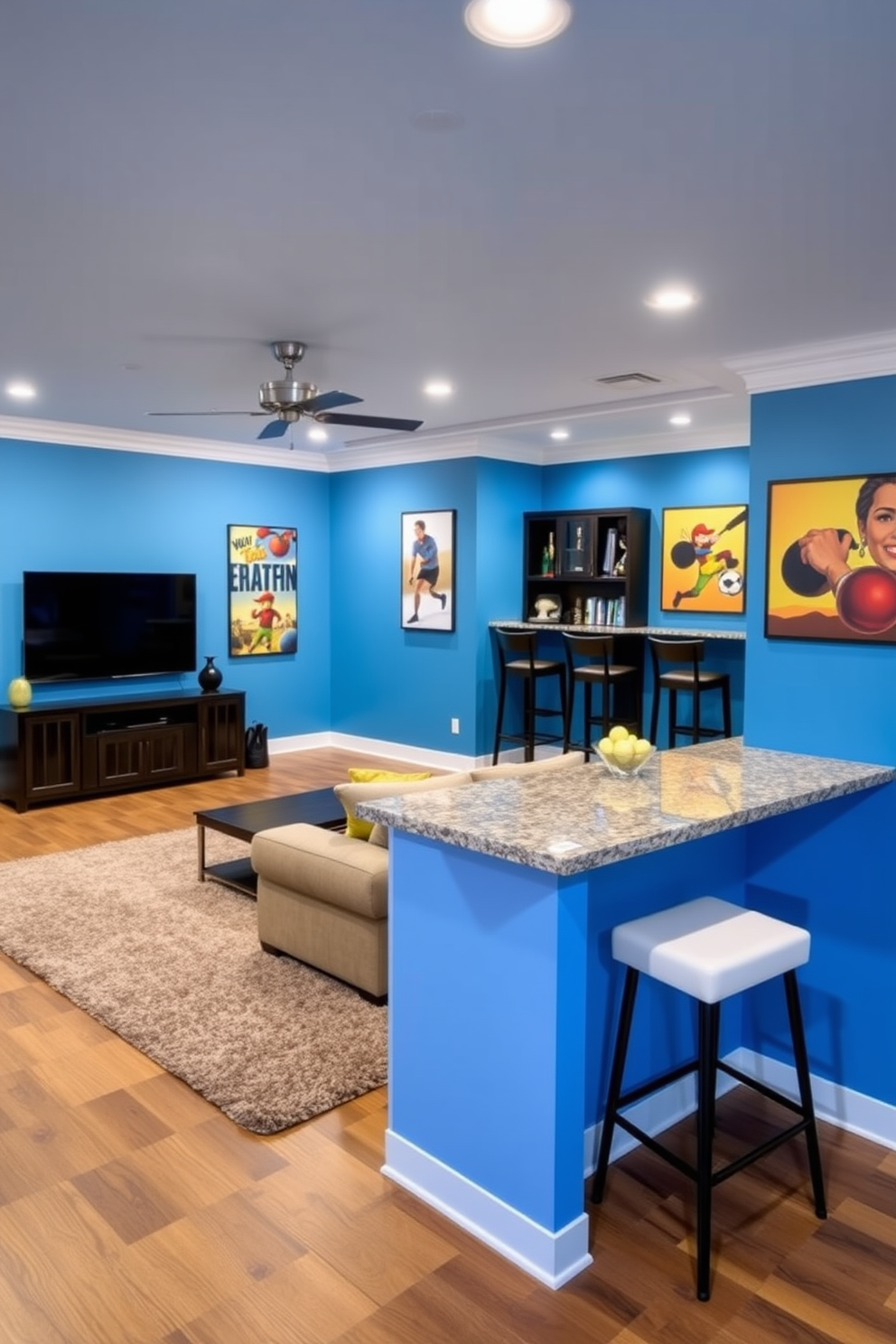 A vibrant game room featuring a dedicated snack bar area. The room is filled with a comfortable sectional sofa and a large flat-screen TV mounted on the wall. In the corner, a stylish snack bar with high stools invites guests to enjoy refreshments. The walls are painted in a lively blue hue, and the floor is covered with a plush area rug for added comfort.