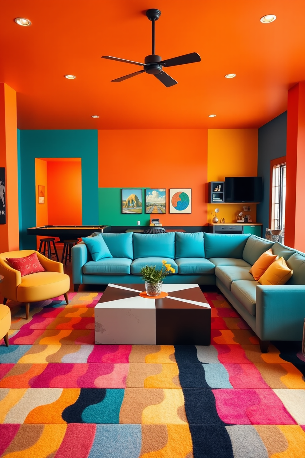 A color-blocked game room filled with vibrant energy. The walls are painted in bold colors like teal and orange, creating a lively atmosphere. In the center, a spacious sectional sofa in a contrasting color invites relaxation. A large coffee table with a unique geometric design sits atop a colorful area rug, providing a fun focal point.