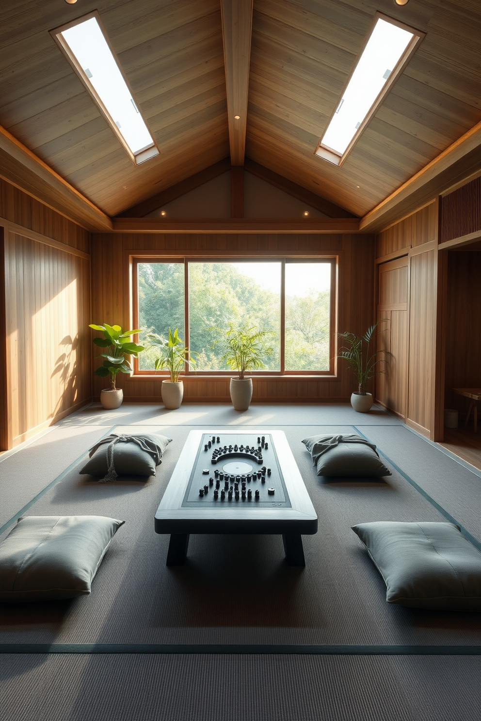 A serene game room that embodies Zen principles. The space features natural wood elements, soft lighting, and a minimalist design that promotes relaxation and focus. In the center, a low-profile gaming table sits surrounded by comfortable floor cushions. Large windows allow natural light to flood the room, while indoor plants add a touch of greenery and tranquility.