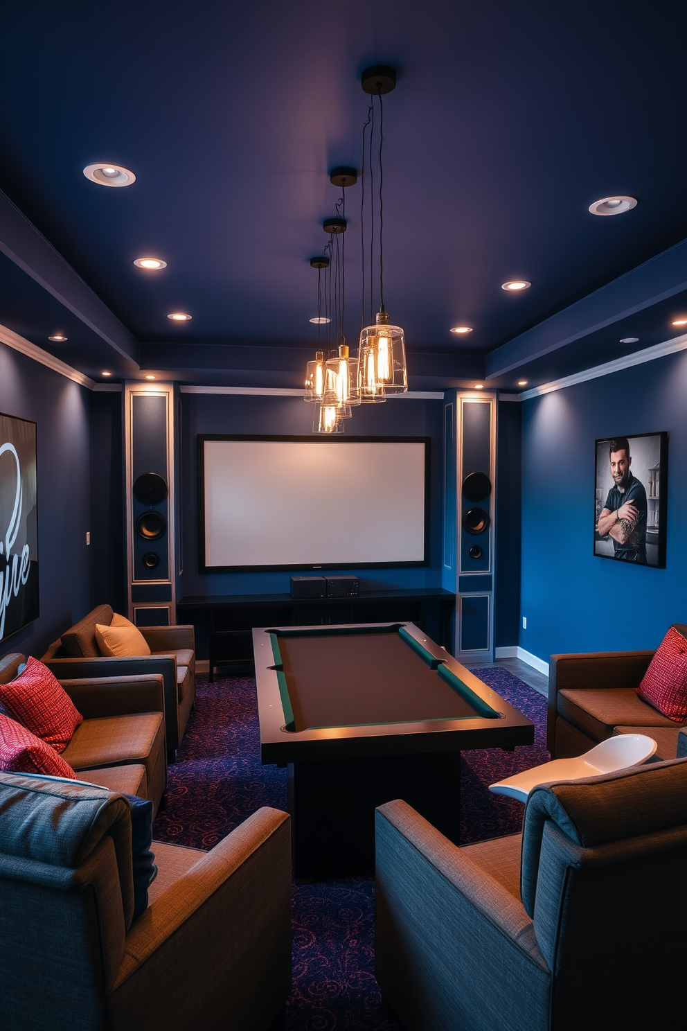 A vibrant game room featuring a built-in sound system that enhances the entertainment experience. The walls are painted in a deep blue tone, and plush seating arrangements are positioned around a large screen for optimal viewing. The room includes a sleek pool table in the center, surrounded by modern bar stools. Ambient lighting fixtures hang from the ceiling, creating a lively atmosphere perfect for gatherings.